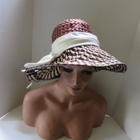 SALE Vintage High Crown Wide Brim Hat by Kutz Chocolate Brown & White main image 10